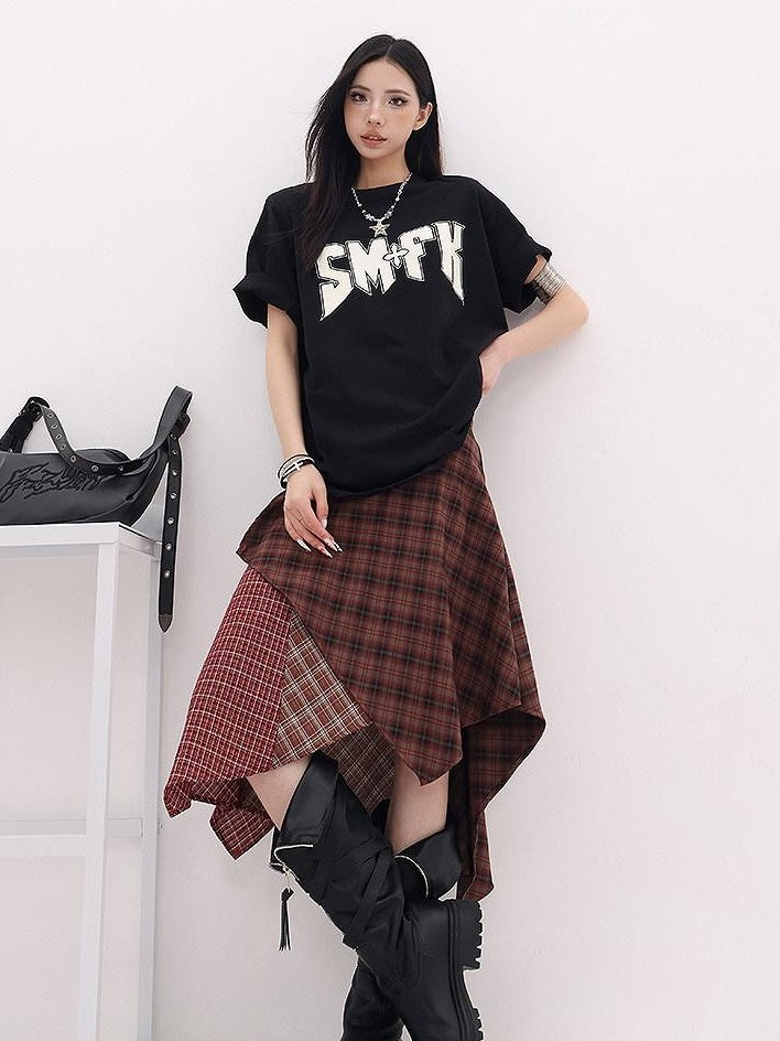 QIUQIU STUDIO Letter Print Round Neck Dropped Shoulder Short Sleeve Women&
