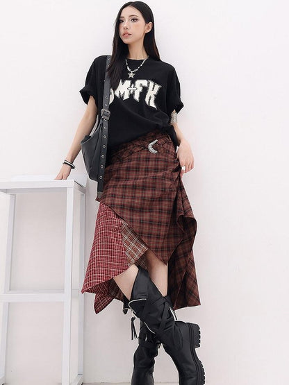 QIUQIU STUDIO Letter Print Round Neck Dropped Shoulder Short Sleeve Women&