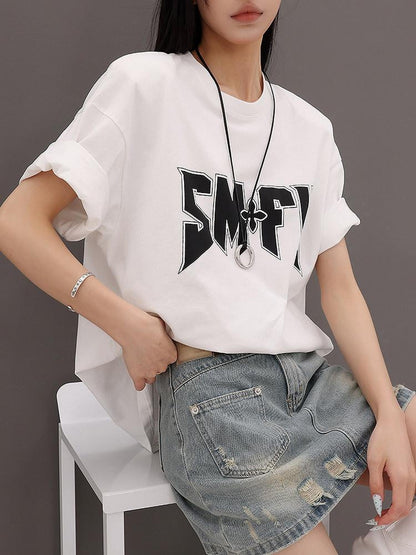 QIUQIU STUDIO Letter Print Round Neck Dropped Shoulder Short Sleeve Women&