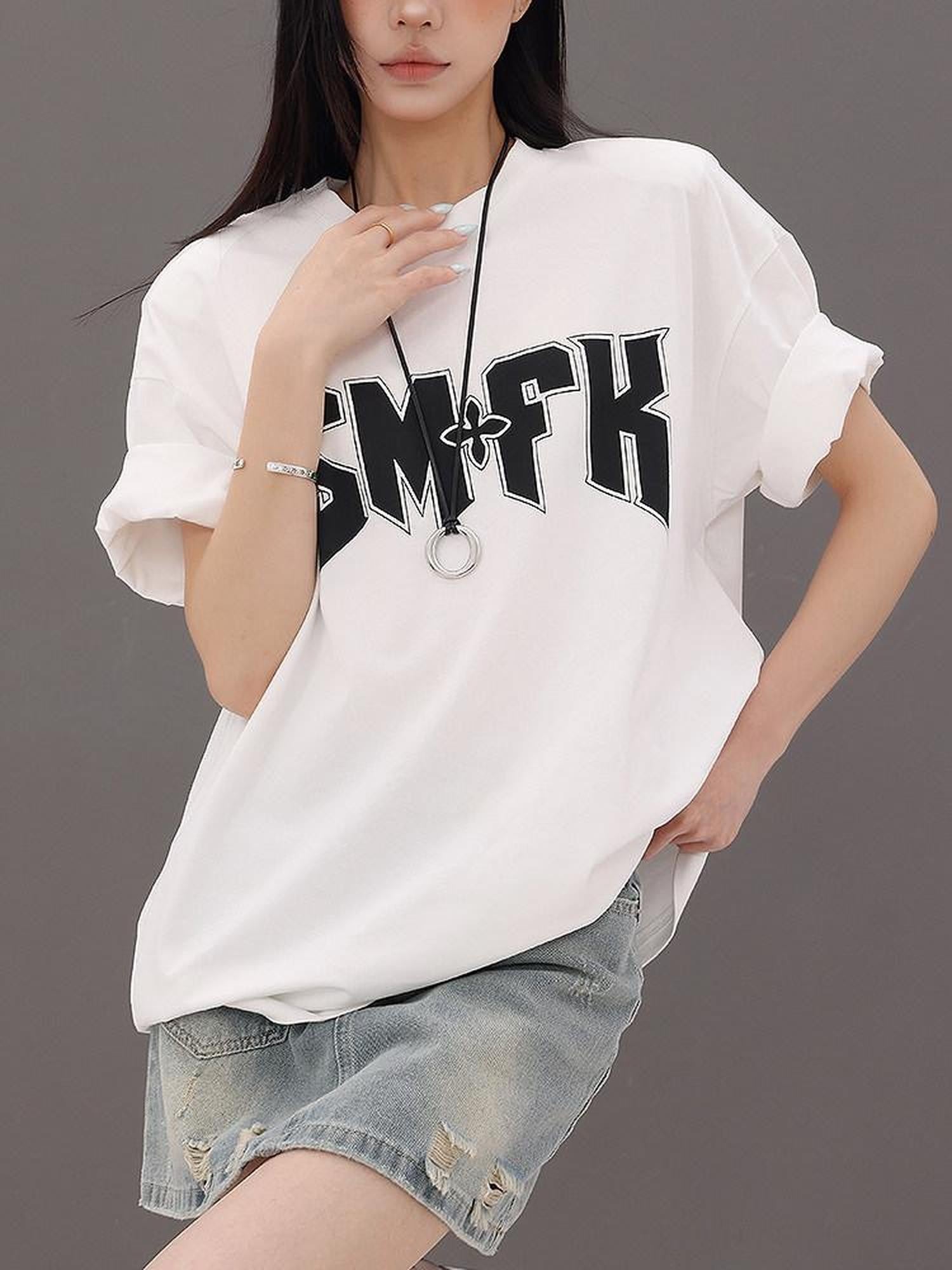 QIUQIU STUDIO Letter Print Round Neck Dropped Shoulder Short Sleeve Women&