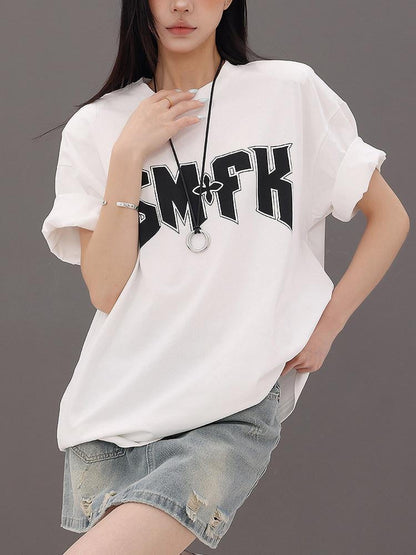 QIUQIU STUDIO Letter Print Round Neck Dropped Shoulder Short Sleeve Women&