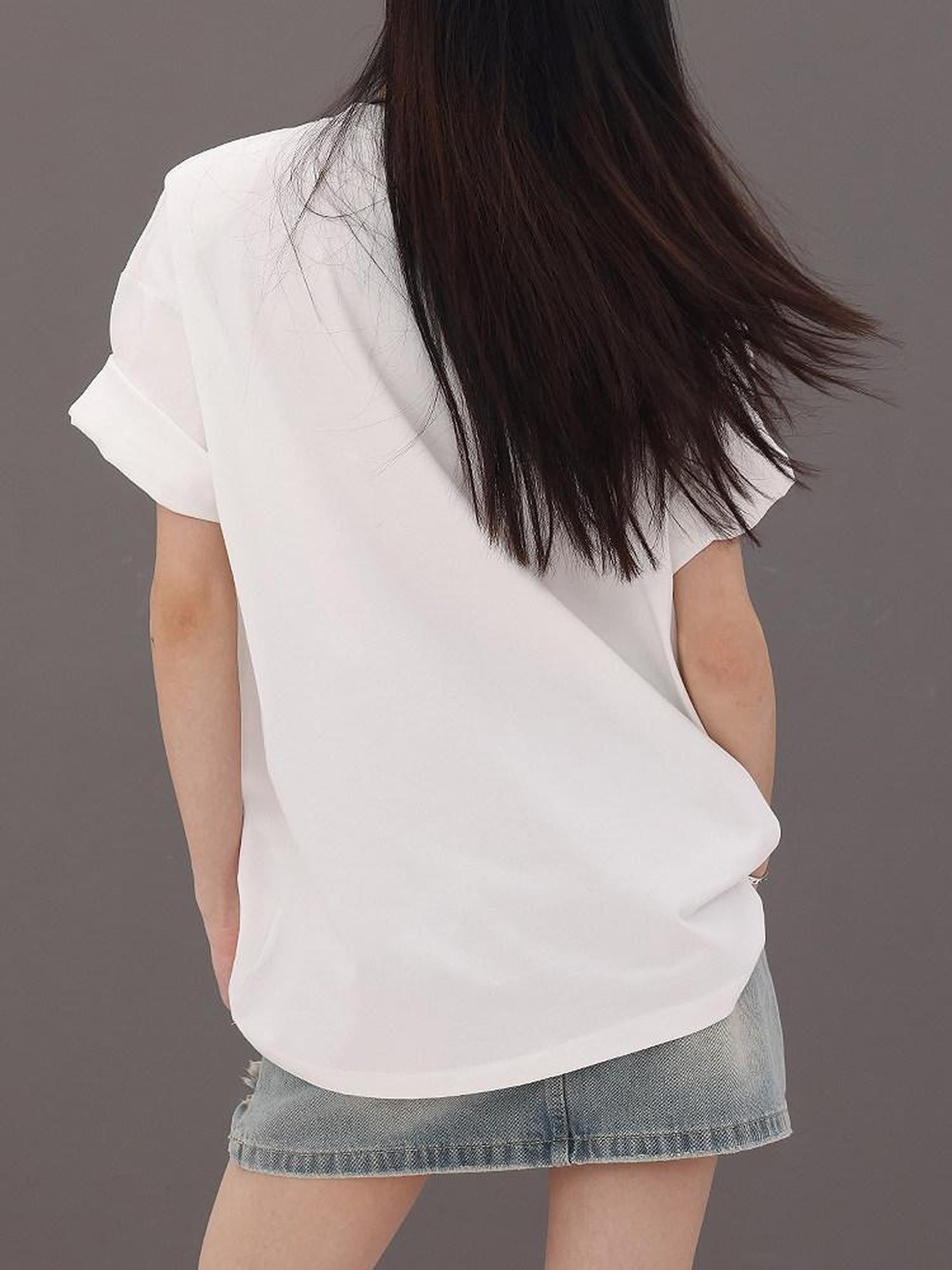 QIUQIU STUDIO Letter Print Round Neck Dropped Shoulder Short Sleeve Women&