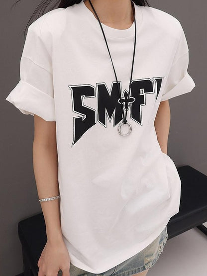 QIUQIU STUDIO Letter Print Round Neck Dropped Shoulder Short Sleeve Women&