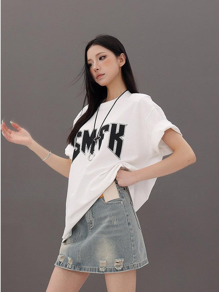QIUQIU STUDIO Letter Print Round Neck Dropped Shoulder Short Sleeve Women&
