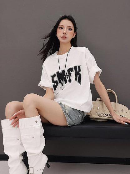 QIUQIU STUDIO Letter Print Round Neck Dropped Shoulder Short Sleeve Women&
