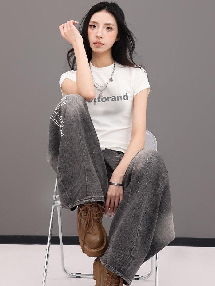 QIUQIU STUDIO Letter Print Round Neck Short Sleeve Women&