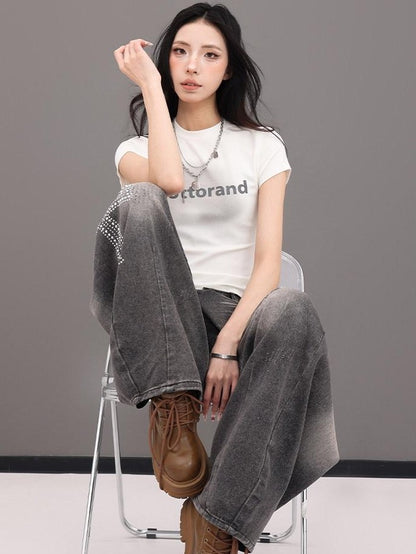 QIUQIU STUDIO Letter Print Round Neck Short Sleeve Women&