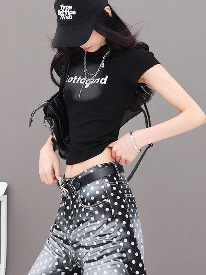 QIUQIU STUDIO Letter Print Round Neck Short Sleeve Women&