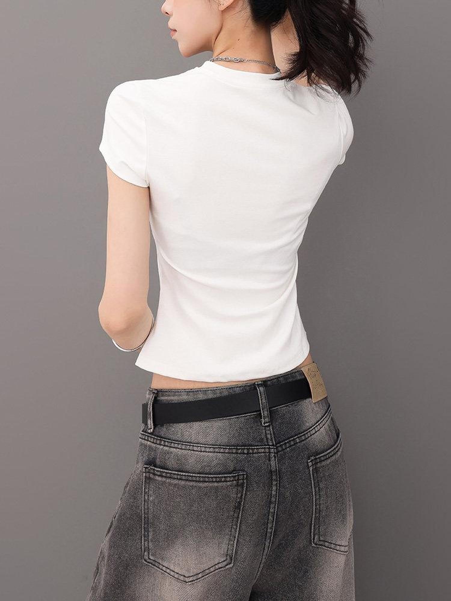 QIUQIU STUDIO Letter Print Round Neck Short Sleeve Women&