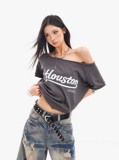 QIUQIU STUDIO Letter Print Slanted Neck Slim Waist Hot Girl Women&