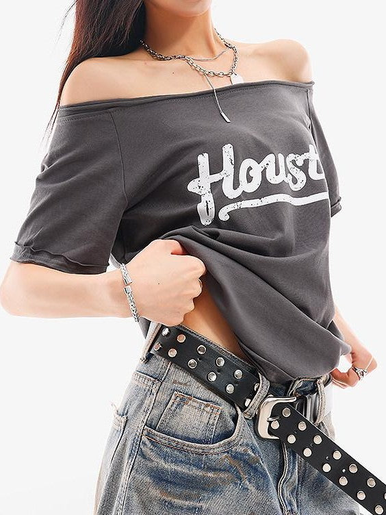 QIUQIU STUDIO Letter Print Slanted Neck Slim Waist Hot Girl Women&