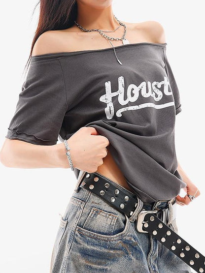 QIUQIU STUDIO Letter Print Slanted Neck Slim Waist Hot Girl Women&