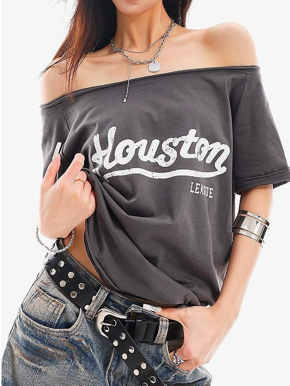 QIUQIU STUDIO Letter Print Slanted Neck Slim Waist Hot Girl Women&