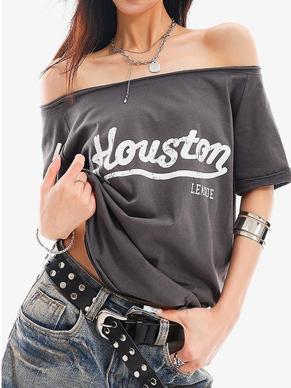 QIUQIU STUDIO Letter Print Slanted Neck Slim Waist Hot Girl Women&