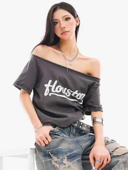 QIUQIU STUDIO Letter Print Slanted Neck Slim Waist Hot Girl Women&