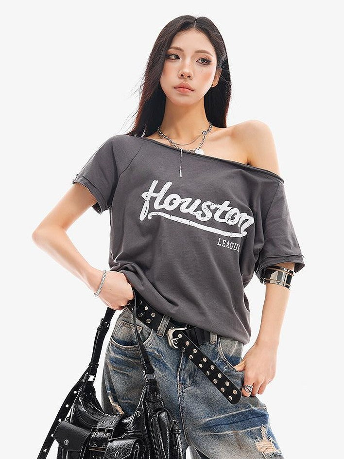 QIUQIU STUDIO Letter Print Slanted Neck Slim Waist Hot Girl Women&