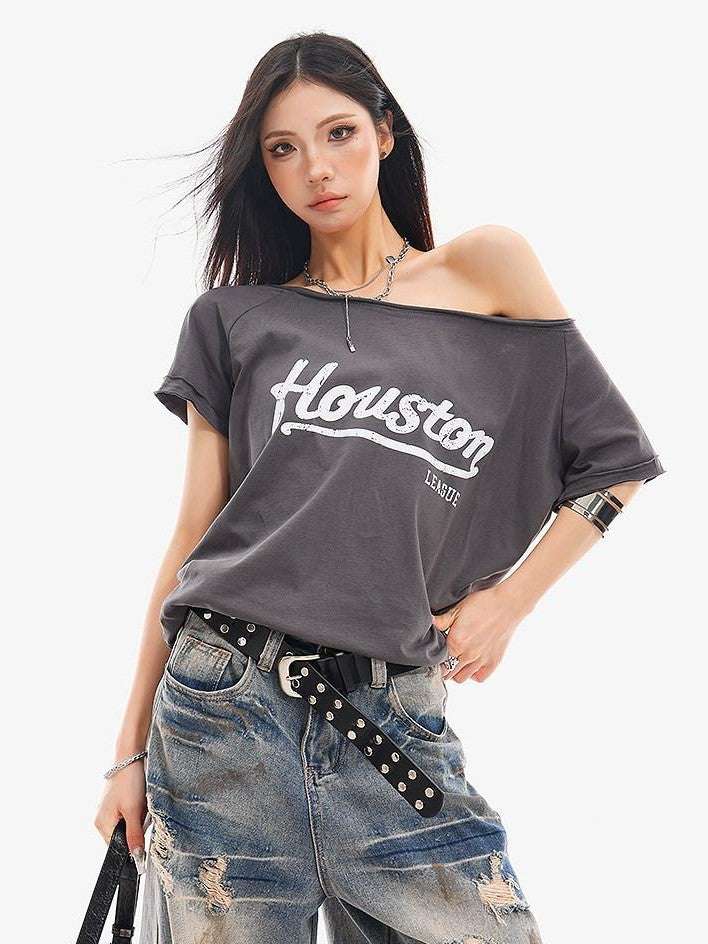QIUQIU STUDIO Letter Print Slanted Neck Slim Waist Hot Girl Women&