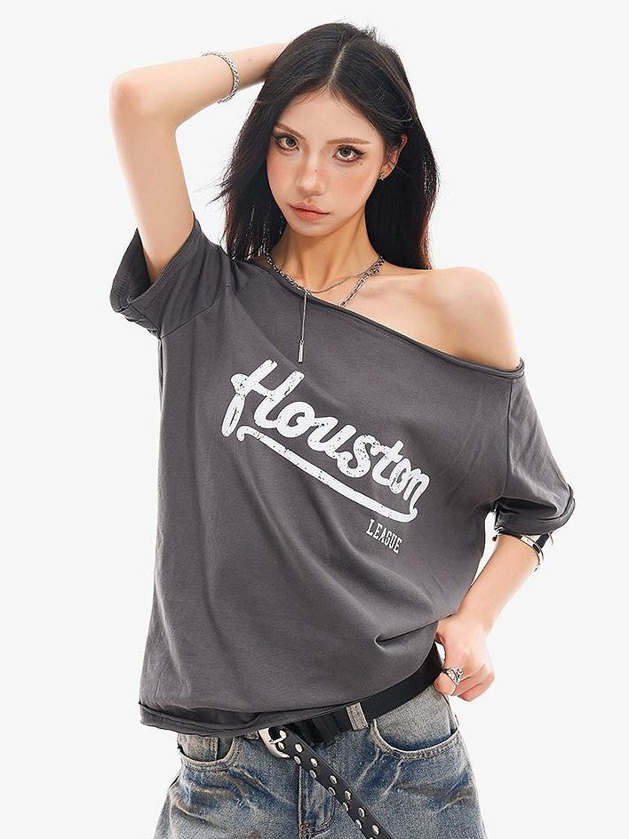 QIUQIU STUDIO Letter Print Slanted Neck Slim Waist Hot Girl Women&