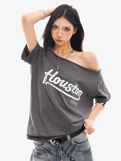 QIUQIU STUDIO Letter Print Slanted Neck Slim Waist Hot Girl Women&