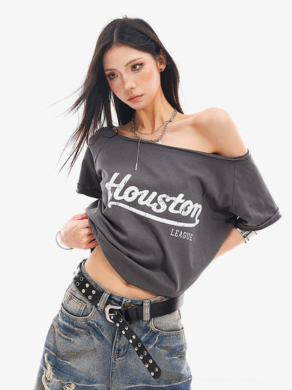 QIUQIU STUDIO Letter Print Slanted Neck Slim Waist Hot Girl Women&