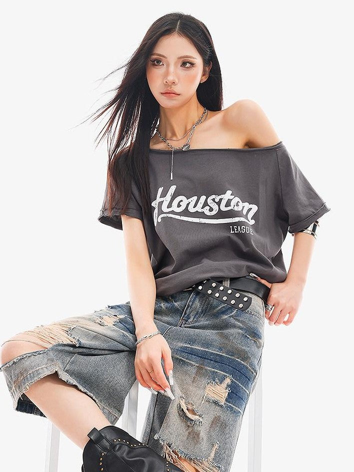 QIUQIU STUDIO Letter Print Slanted Neck Slim Waist Hot Girl Women&
