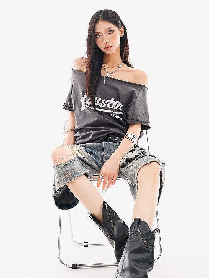 QIUQIU STUDIO Letter Print Slanted Neck Slim Waist Hot Girl Women&