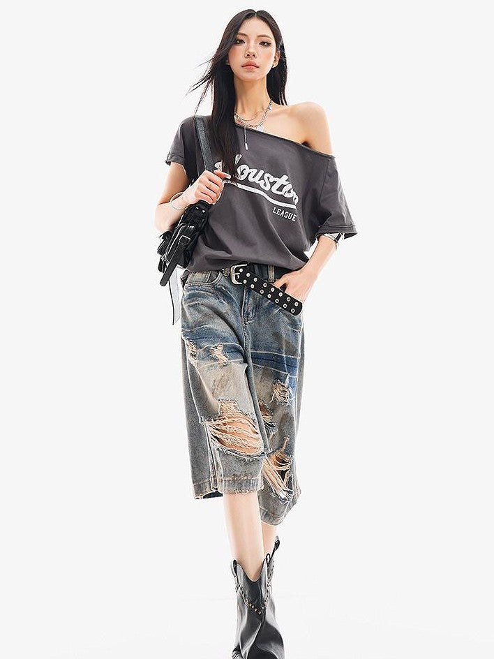 QIUQIU STUDIO Letter Print Slanted Neck Slim Waist Hot Girl Women&