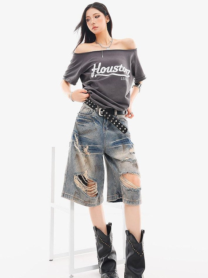 QIUQIU STUDIO Letter Print Slanted Neck Slim Waist Hot Girl Women&