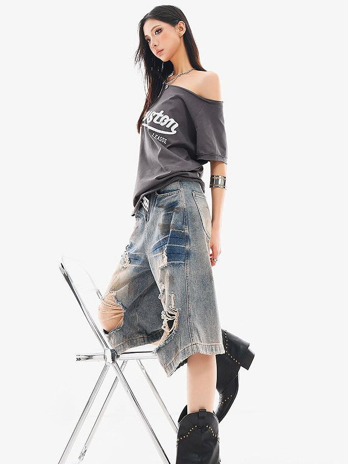 QIUQIU STUDIO Letter Print Slanted Neck Slim Waist Hot Girl Women&