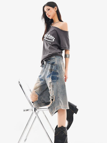 QIUQIU STUDIO Letter Print Slanted Neck Slim Waist Hot Girl Women&