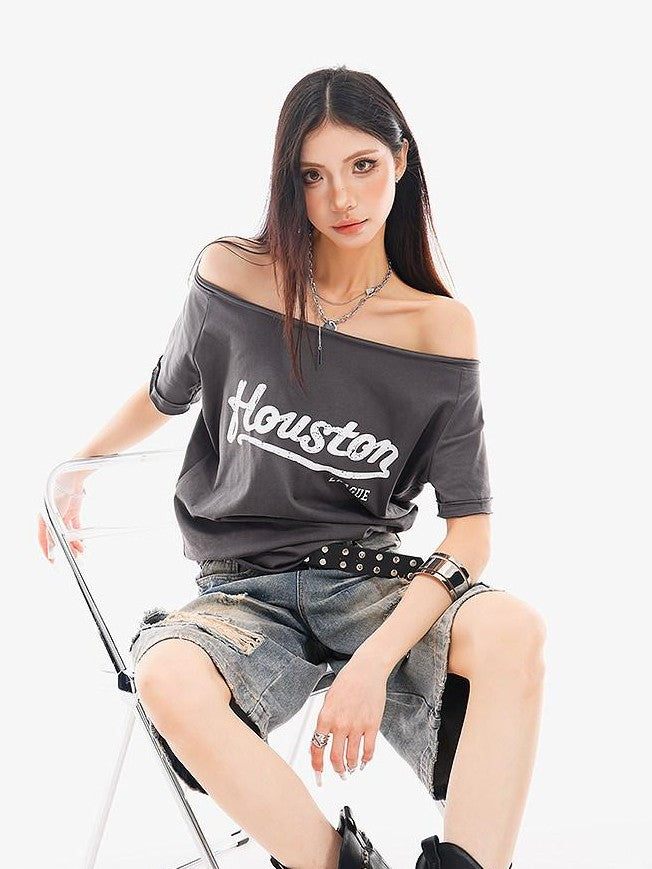 QIUQIU STUDIO Letter Print Slanted Neck Slim Waist Hot Girl Women&