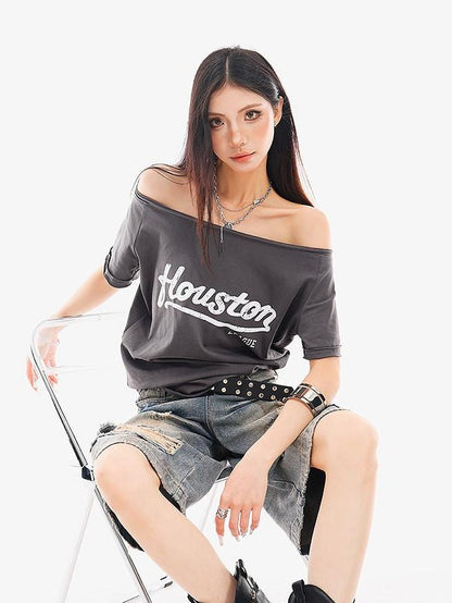 QIUQIU STUDIO Letter Print Slanted Neck Slim Waist Hot Girl Women&