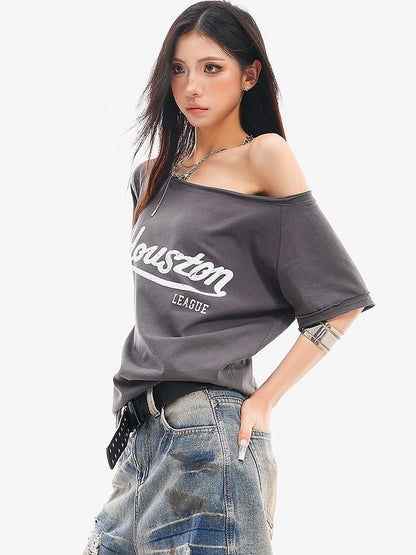 QIUQIU STUDIO Letter Print Slanted Neck Slim Waist Hot Girl Women&
