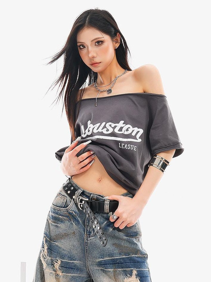 QIUQIU STUDIO Letter Print Slanted Neck Slim Waist Hot Girl Women&