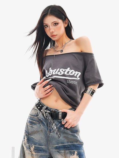QIUQIU STUDIO Letter Print Slanted Neck Slim Waist Hot Girl Women&