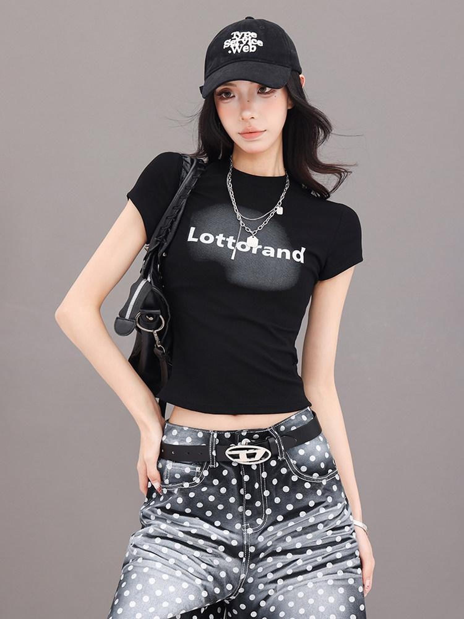 QIUQIU STUDIO Letter Print Slim Fit Crew Neck Cinched Waist Short Sleeve Women&