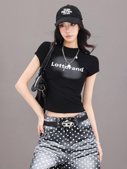 QIUQIU STUDIO Letter Print Slim Fit Crew Neck Cinched Waist Short Sleeve Women&
