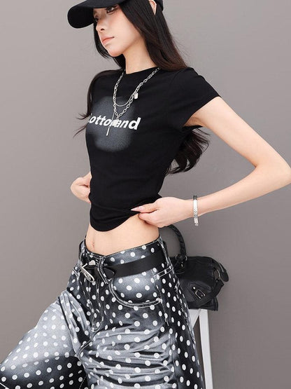 QIUQIU STUDIO Letter Print Slim Fit Crew Neck Cinched Waist Short Sleeve Women&