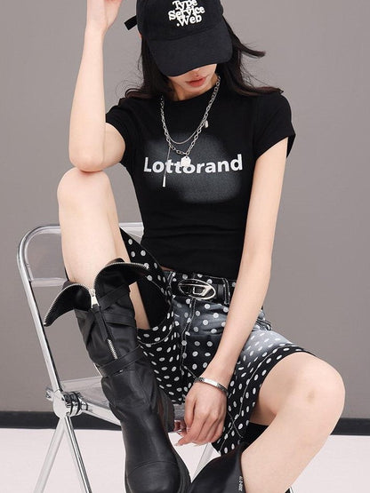 QIUQIU STUDIO Letter Print Slim Fit Crew Neck Cinched Waist Short Sleeve Women&