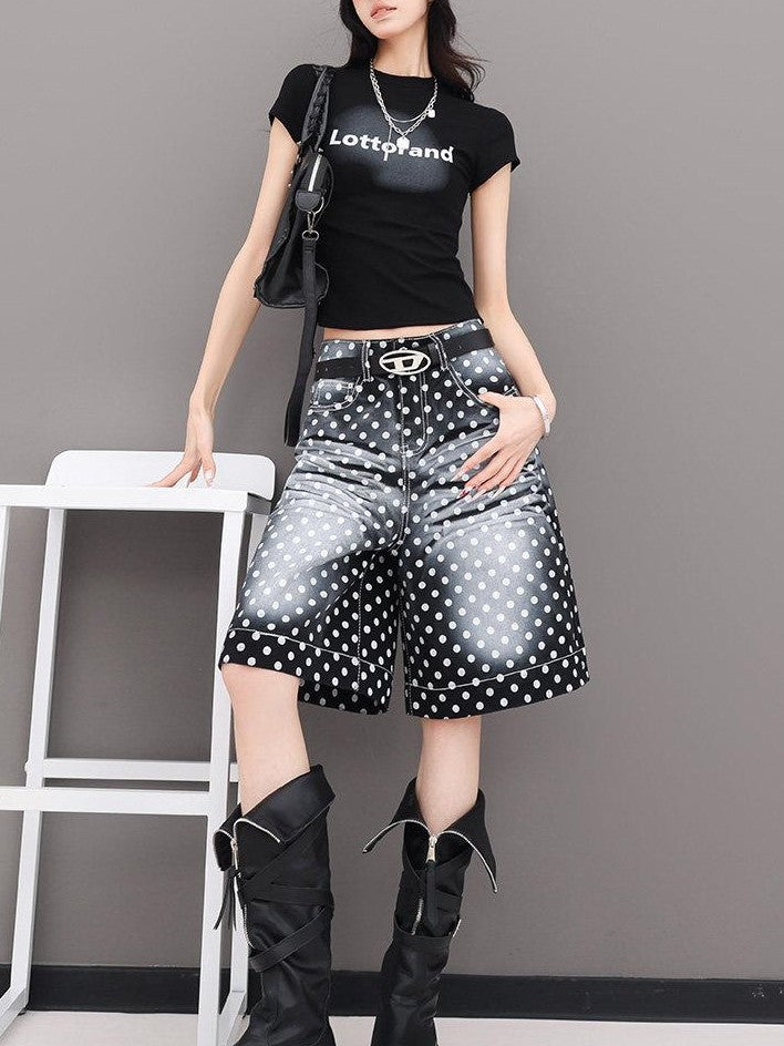 QIUQIU STUDIO Letter Print Slim Fit Crew Neck Cinched Waist Short Sleeve Women&