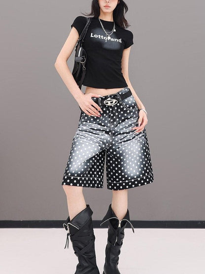QIUQIU STUDIO Letter Print Slim Fit Crew Neck Cinched Waist Short Sleeve Women&