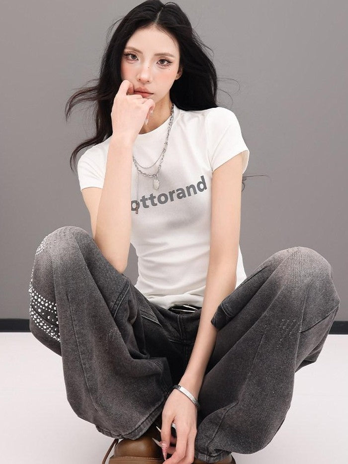 QIUQIU STUDIO Letter Print Slim Fit Crew Neck Cinched Waist Short Sleeve Women&