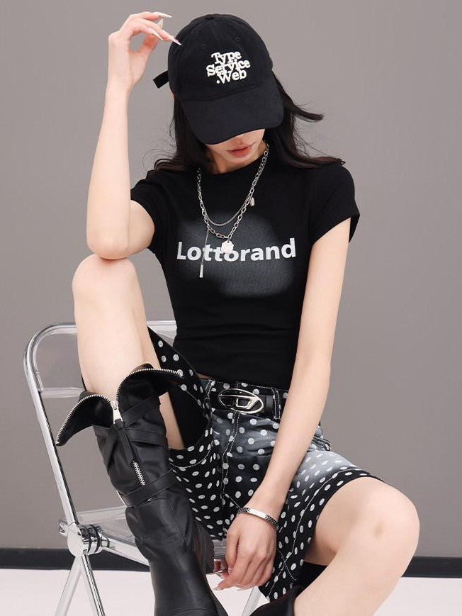 QIUQIU STUDIO Letter Print Slim Fit Crew Neck Cinched Waist Short Sleeve Women&