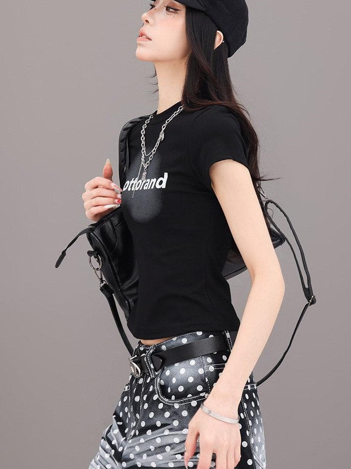 QIUQIU STUDIO Letter Print Slim Fit Crew Neck Cinched Waist Short Sleeve Women&