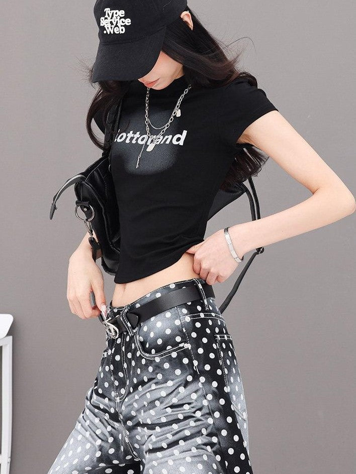 QIUQIU STUDIO Letter Print Slim Fit Crew Neck Cinched Waist Short Sleeve Women&