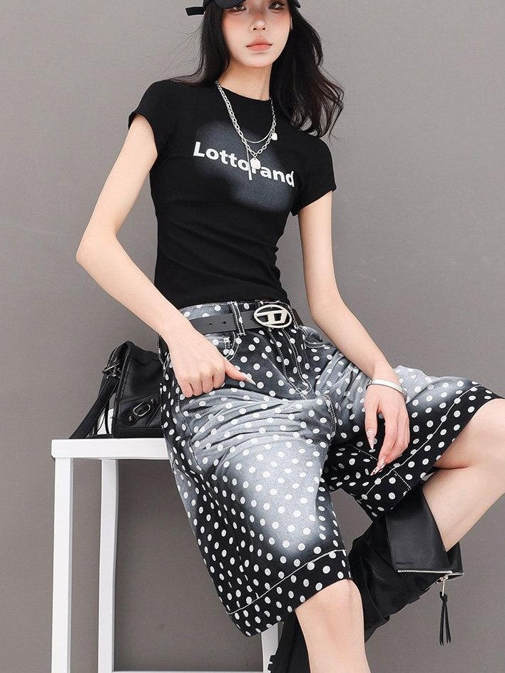 QIUQIU STUDIO Letter Print Slim Fit Crew Neck Cinched Waist Short Sleeve Women&