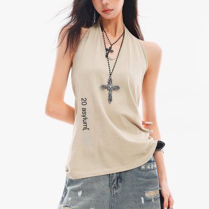 QIUQIU_STUDIO_Letter_Print_V-neck_Backless_Fitted_Sexy_Women&
