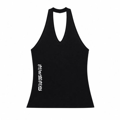 QIUQIU_STUDIO_Letter_Print_V-neck_Backless_Fitted_Sexy_Women&