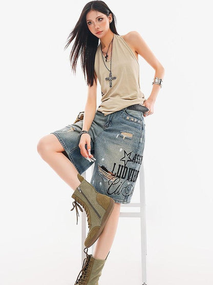 QIUQIU STUDIO Letter Print V-neck Backless Fitted Sexy Women&