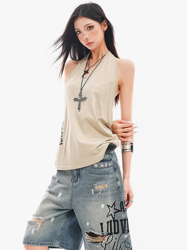 QIUQIU STUDIO Letter Print V-neck Backless Fitted Sexy Women&